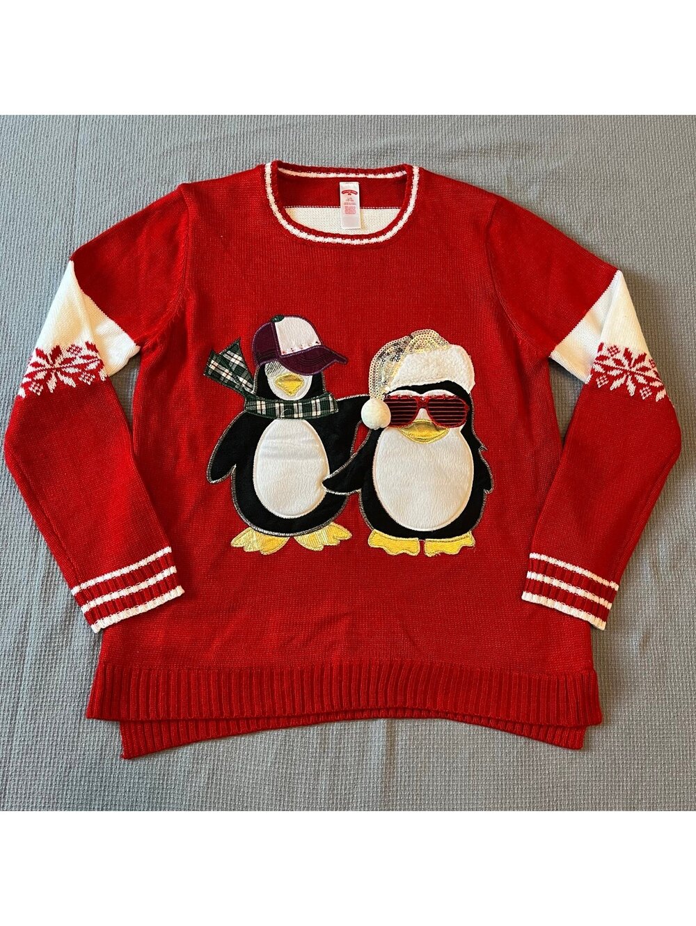 Christmas Sweater women’s size large, red, penguins, stripes